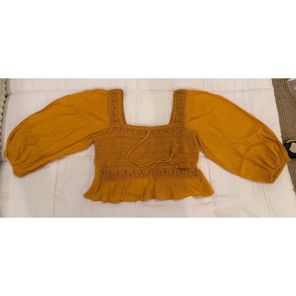 Boho Chic American Eagle Mustard Yellow Crochet & Crepe Peasant Top